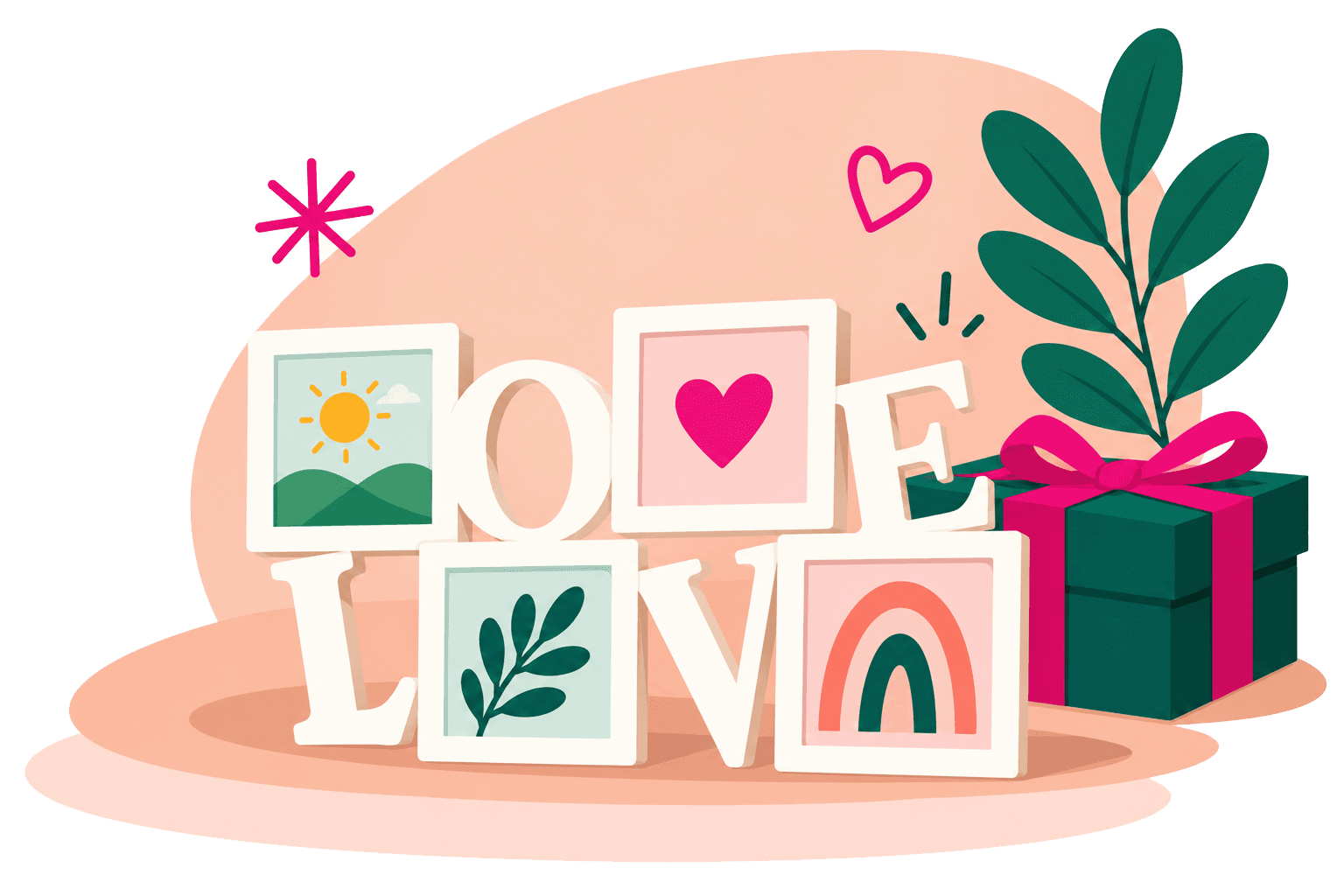 LOVE photo frame display with personalised photo magnets and a gift box